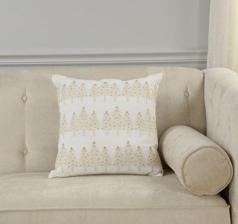 18" Ivory And Gold Cotton Christmas Trees Throw Pillow With Embroidery