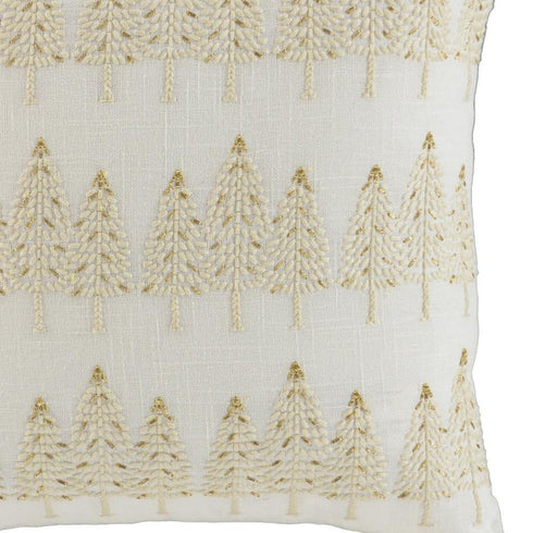 18" Ivory And Gold Cotton Christmas Trees Throw Pillow With Embroidery
