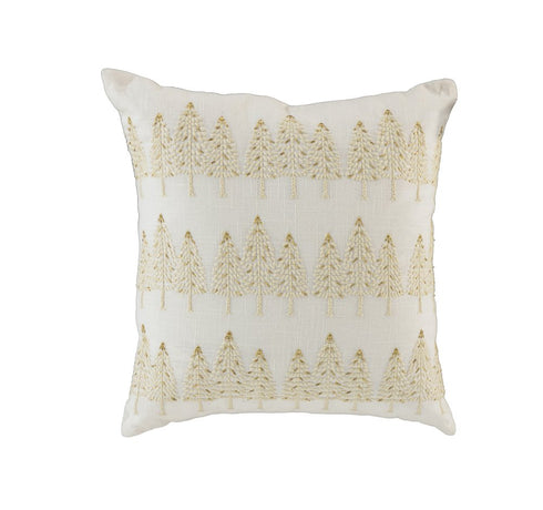 18" Ivory And Gold Cotton Christmas Trees Throw Pillow With Embroidery
