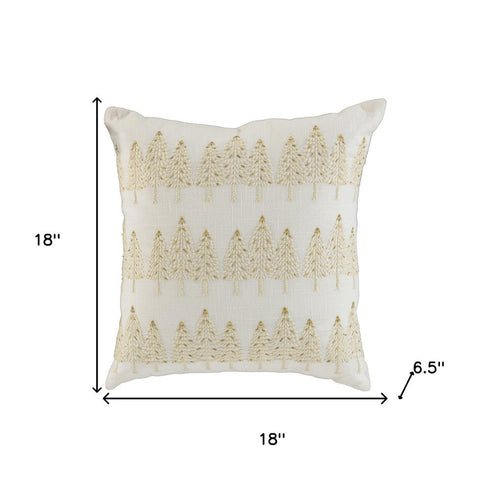 18" Ivory And Gold Cotton Christmas Trees Throw Pillow With Embroidery