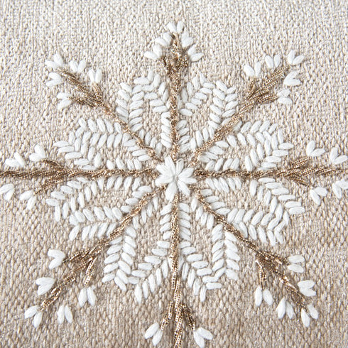 14" X 20" Beige Ivory And Gold Christmas Snowflakes Throw Pillow With Embroidery