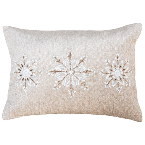 14" X 20" Beige Ivory And Gold Christmas Snowflakes Throw Pillow With Embroidery