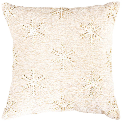 20" Natural And Gold Snowflakes Christmas Throw Pillow With Embroidery