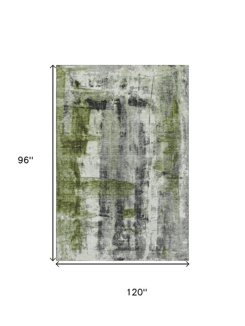 8' X 10' Olive Green Charcoal And Ivory Abstract Washable Area Rug With UV Protection