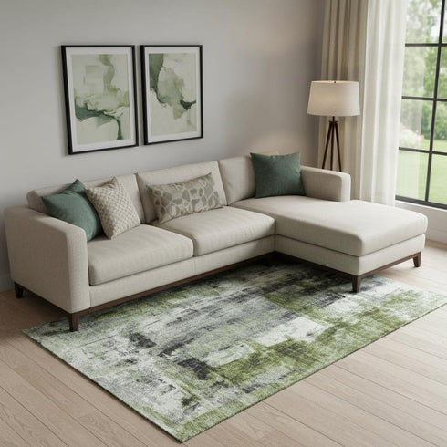 8' X 10' Olive Green Charcoal And Ivory Abstract Washable Area Rug With UV Protection