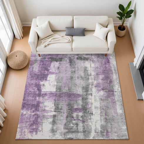 8' X 10' Purple Charcoal And Ivory Abstract Washable Area Rug With UV Protection