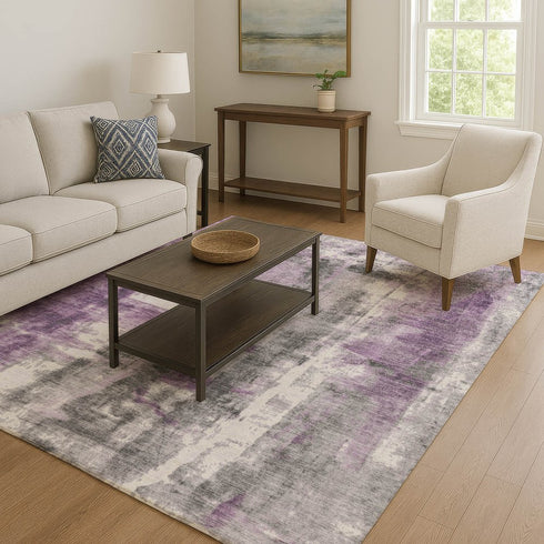 8' X 10' Purple Charcoal And Ivory Abstract Washable Area Rug With UV Protection