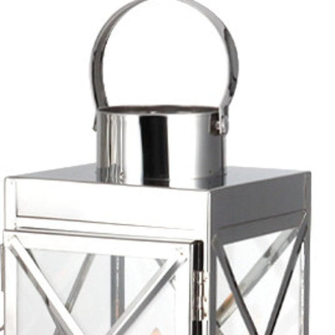 Set of Three Clear And Silver Glass And Stainless Steel Tabletop Lantern Candle Holders