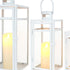 Set of Three Clear And White Glass And Stainless Steel Tabletop Lantern Candle Holders