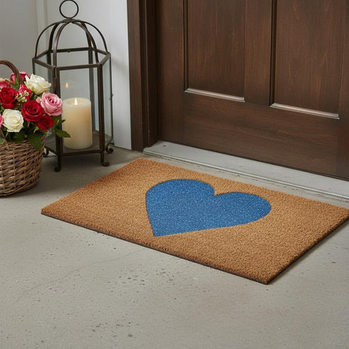 24" X 48" Brown And Blue Heart Outdoor Coir Door Mat