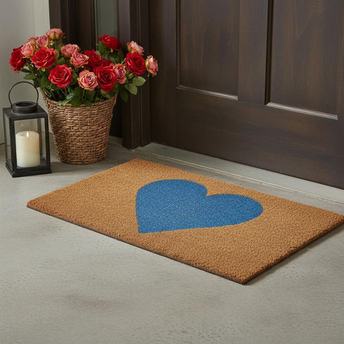 24" X 48" Brown And Blue Heart Outdoor Coir Door Mat