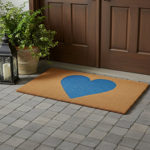 24" X 48" Brown And Blue Heart Outdoor Coir Door Mat