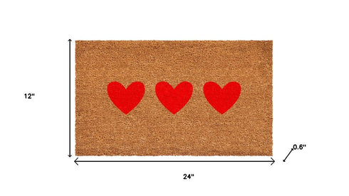 12" X 24" Brown And Red Three Hearts Outdoor Coir Door Mat