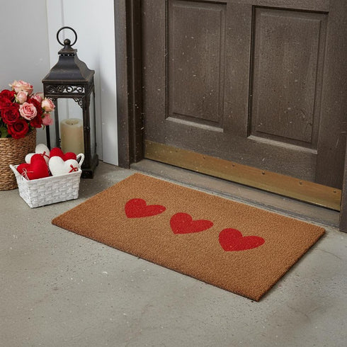 12" X 24" Brown And Red Three Hearts Outdoor Coir Door Mat