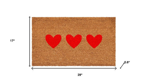 12" X 24" Brown And Red Three Hearts Outdoor Coir Door Mat