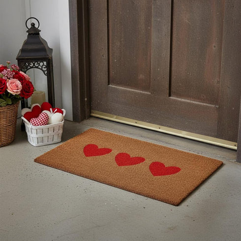 12" X 24" Brown And Red Three Hearts Outdoor Coir Door Mat