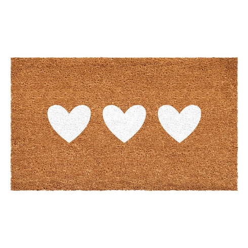 12" X 24" Brown And White Three Hearts Outdoor Coir Door Mat