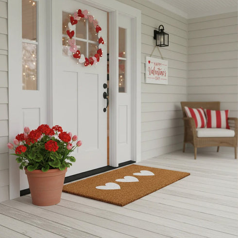 12" X 24" Brown And White Three Hearts Outdoor Coir Door Mat