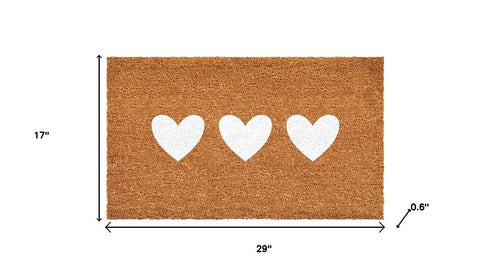 12" X 24" Brown And White Three Hearts Outdoor Coir Door Mat