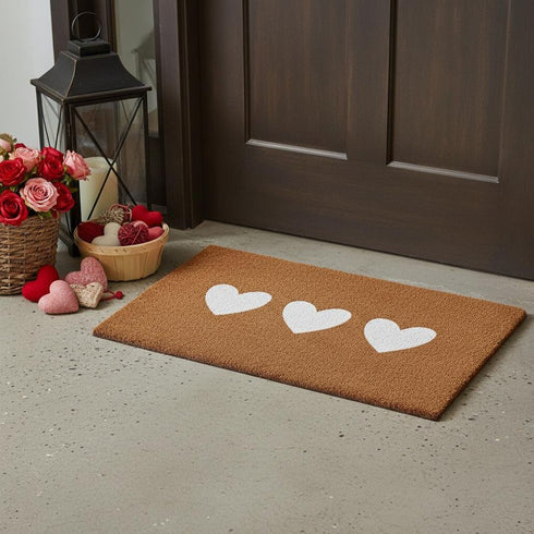 12" X 24" Brown And White Three Hearts Outdoor Coir Door Mat