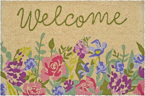 18" X 30" Brown Green And Pink Floral Welcome Outdoor Coir Door Mat