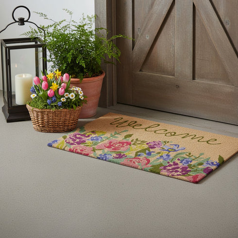 18" X 30" Brown Green And Pink Floral Welcome Outdoor Coir Door Mat