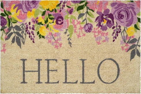 30" X 48" Brown Gray And Purple Floral Hello Outdoor Coir Door Mat