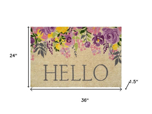 30" X 48" Brown Gray And Purple Floral Hello Outdoor Coir Door Mat
