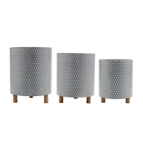 Set of Three Blue White And Gray Wood And Metal 58 Ounce Geometric Round Pot Planters