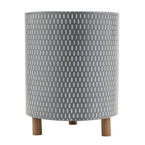 Set of Three Blue White And Gray Wood And Metal 58 Ounce Geometric Round Pot Planters