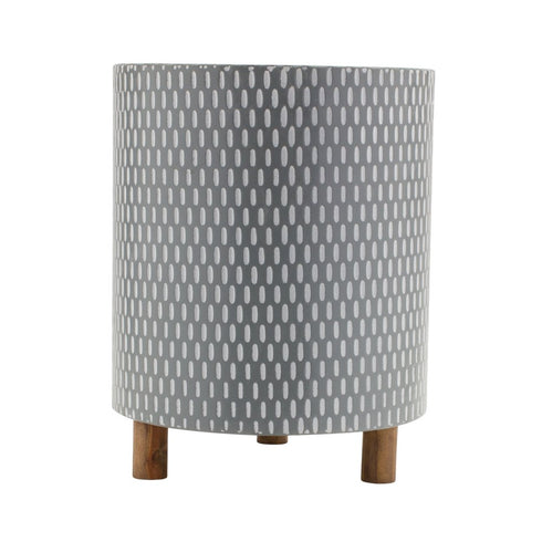 Set of Three Blue White And Gray Wood And Metal 58 Ounce Geometric Round Pot Planters