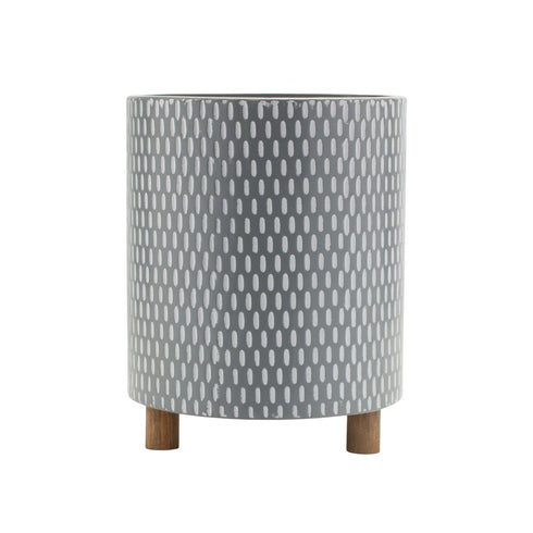 Set of Three Blue White And Gray Wood And Metal 58 Ounce Geometric Round Pot Planters