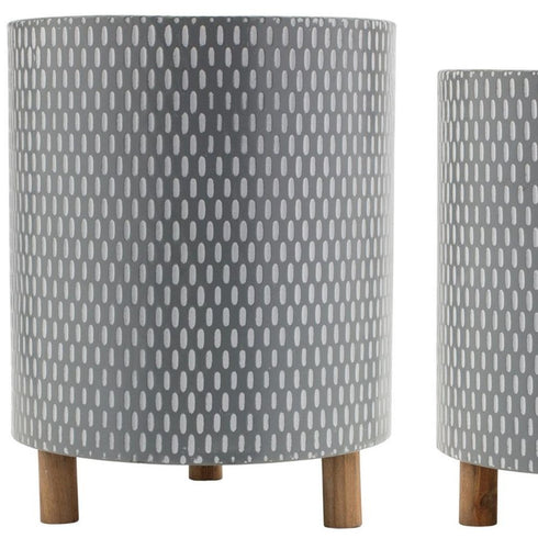 Set of Three Blue White And Gray Wood And Metal 58 Ounce Geometric Round Pot Planters