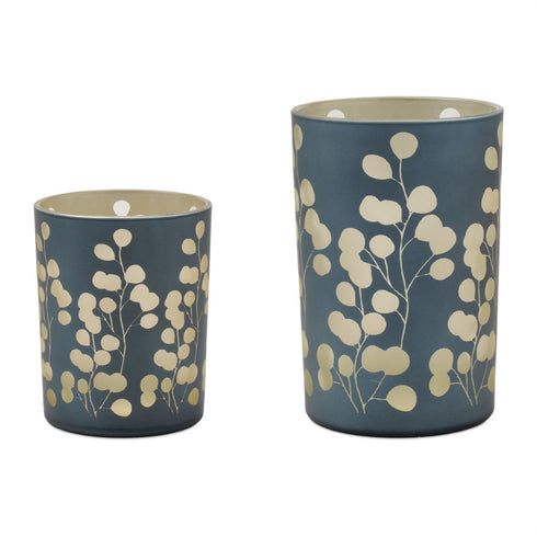 Set of Two Green Distressed Abstract Glass Tabletop Hurricane Candle Holders