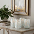 Set of Four Blue Distressed Abstract Glass Tabletop Pillar Candle Holders