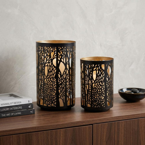Set of Two Black Abstract Iron Tabletop Hurricane Candle Holders