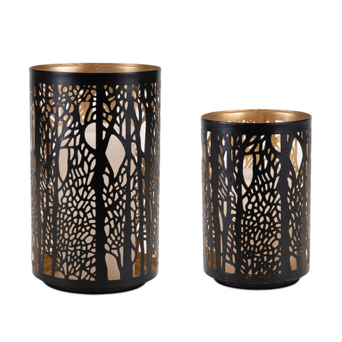 Set of Two Black Abstract Iron Tabletop Hurricane Candle Holders