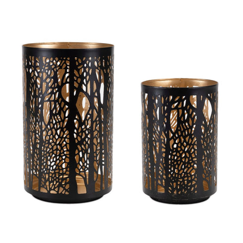 Set of Two Black Abstract Iron Tabletop Hurricane Candle Holders