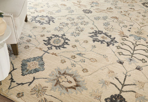 9' X 12' Blue And Ivory Wool Floral Hand Tufted Area Rug