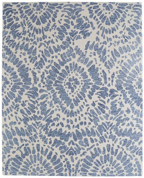 9' X 12' Blue And Ivory Wool Abstract Hand Tufted Area Rug