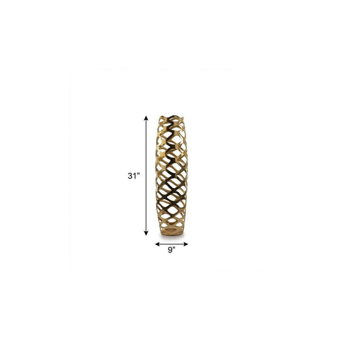 31" Gold Aluminum Pierced Geometric Cylinder Floor Vase