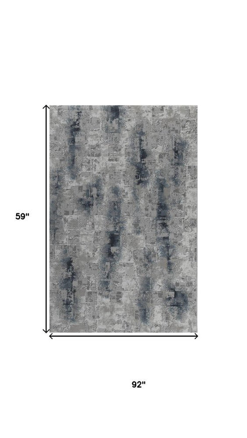 5' X 8' Blue And White Abstract Distressed Area Rug