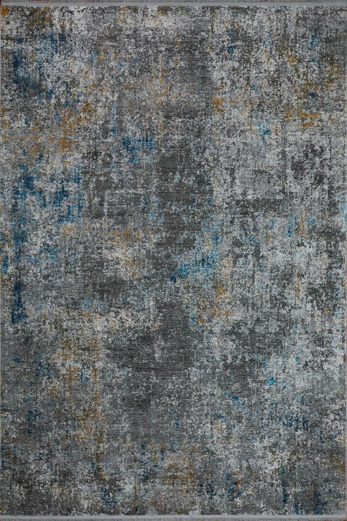 5' X 8' Blue And Gray Abstract Distressed Area Rug With Fringe