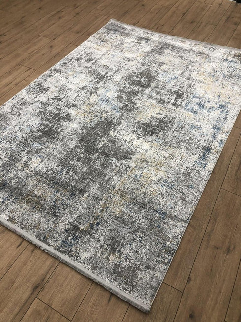 5' X 8' Blue And Gray Abstract Distressed Area Rug With Fringe