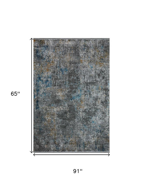 5' X 8' Blue And Gray Abstract Distressed Area Rug With Fringe