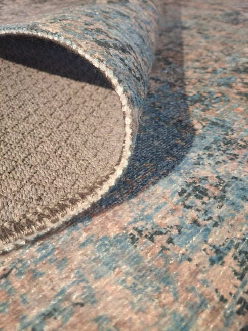 5' X 8' Blue And Orange Abstract Distressed Area Rug