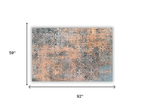 5' X 8' Blue And Orange Abstract Distressed Area Rug