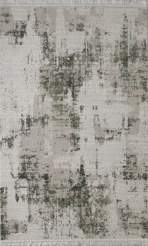 5' X 8' Gray And Green Abstract Distressed Area Rug With Fringe