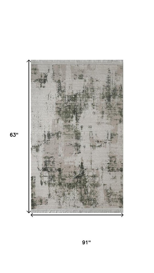 5' X 8' Gray And Green Abstract Distressed Area Rug With Fringe