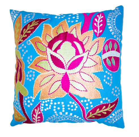 Set of Two 16" Blue And Pink Floral Cotton Throw Pillows with Embroidery